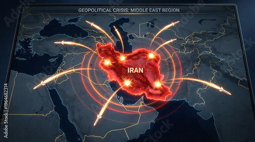 Geopolitical conflict concept map of iran under missile attack in middle east.