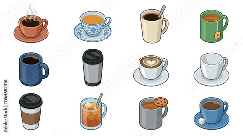 Collection of various hot and cold beverages in different cups and mugs, including coffee, tea, and iced drinks, presented in an isometric cartoon style.