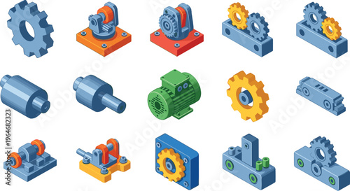 Isometric industrial machine parts set with vector gears, electric motors, mechanical bearings, and engineering components isolated on white background for technical design