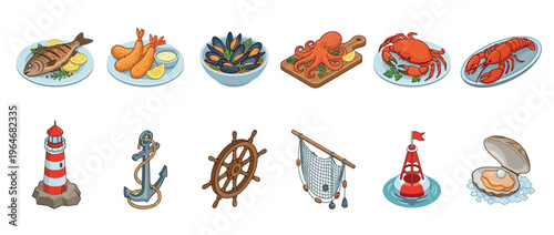 Isometric cartoon collection of delicious seafood dishes and essential nautical navigation elements for ocean-themed designs and marine illustrations.
