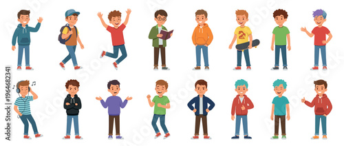 Cartoon boys displaying a wide range of emotions and activities, from happy and excited to sad and angry.