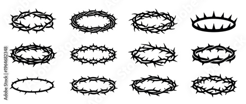 Crowns of thorns, spiked crowns, and thorny wreaths vector illustration set depicting various religious and symbolic designs.