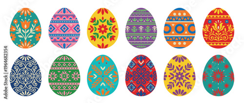 Vibrant collection of twelve beautifully decorated Easter eggs, each featuring unique folk art patterns and colorful designs, perfect for holiday celebrations.