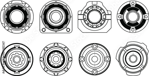 Mechanical bearing and industrial flange icons set, technical engineering line art symbols of machine parts and circular hardware isolated on white background