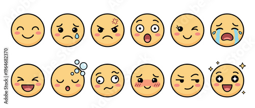 Collection of adorable cartoon emoticons showcasing various facial expressions from happiness to sadness and anger.