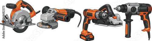 Professional electric power tools set including circular saw, angle grinder, cordless drill, and impact driver vector illustration for construction and carpentry projects