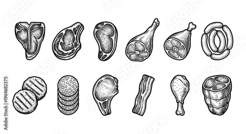Various meat cuts and products including steaks, ham, sausages, and chicken drumsticks in a vintage engraved style.