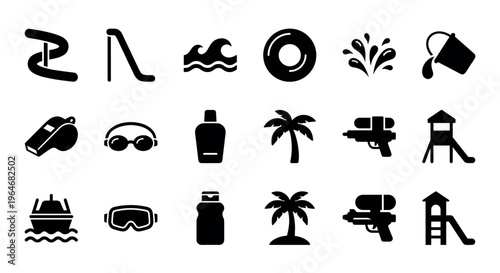 Collection of water park and summer vacation activity icons including slides, waves, goggles, and palm trees.