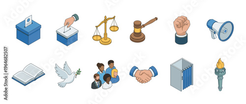 Democracy justice rights icons set featuring election voting symbols, legal elements, and community concepts in isometric style.