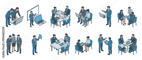 Business professionals collaborating, presenting, and discussing in various office scenarios using laptops and tablets in isometric illustration style.