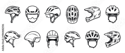 Bicycle helmets collection of various types, including road, mountain, and full-face designs in a hand-drawn sketch style.