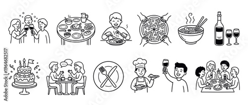 Food and dining illustrations depicting various aspects of eating, drinking, and social gatherings, from meals to celebrations.
