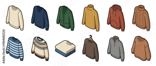 Collection of various sweaters, cardigans, hoodies, and pullovers in different styles and colors, perfect for fashion and apparel concepts.