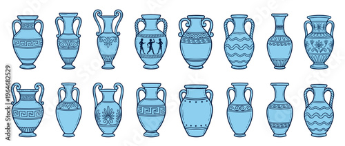 Ancient Greek amphoras and pottery set featuring traditional patterns and classic shapes in a hand-drawn illustration style.