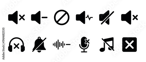 Collection of black mute and sound icons for user interface design, representing volume control, notifications, and audio settings.