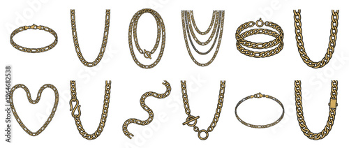 Gold chain jewelry collection featuring various necklaces and bracelets with different link styles and clasps, showcasing elegant fashion accessories.