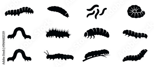 Caterpillars and larvae vector silhouettes set, showing various insect forms including grubs, inchworms, and hairy caterpillars for biology and nature designs.