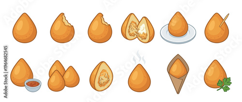 Coxinha illustrations set featuring various styles of the popular Brazilian fried snack, including whole, bitten, and cut open versions.