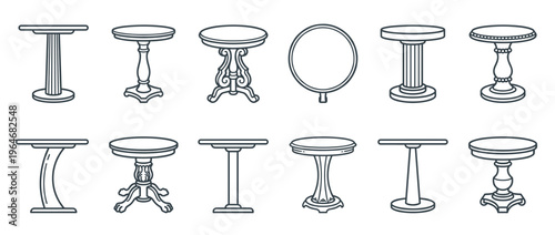 Outline illustrations of various pedestal tables and round side tables with different base designs.