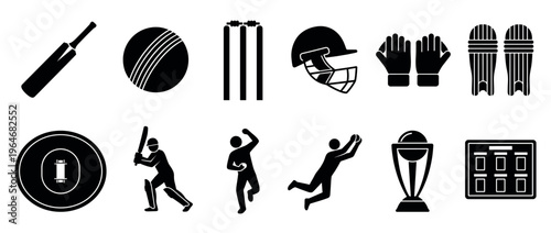 Cricket equipment and player icons set, featuring various sports gear and action poses for game illustration and design projects.