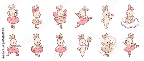 Cute bunny ballerinas dancing in various graceful ballet poses, wearing pink tutus and charming accessories.