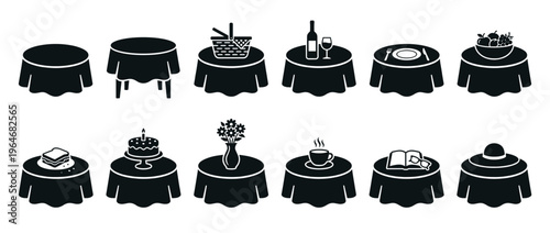 Collection of round tables with various items on top, including food, drinks, books, and decorations, presented as black silhouette icons.