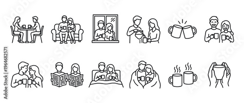 Collection of line art icons depicting couples and individuals enjoying hot beverages like coffee and tea in various cozy and relaxed settings.