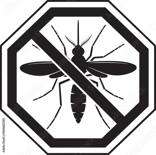 Mosquito prohibition sign with a diagonal line through it over transparent background.