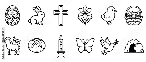 Easter symbols and religious icons vector illustration set featuring eggs, bunnies, chicks, crosses, lilies, and other festive elements.