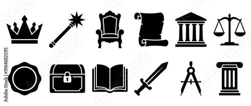 Black silhouette icons of fantasy, historical, and legal objects such as a crown, magic wand, throne, and scales of justice.