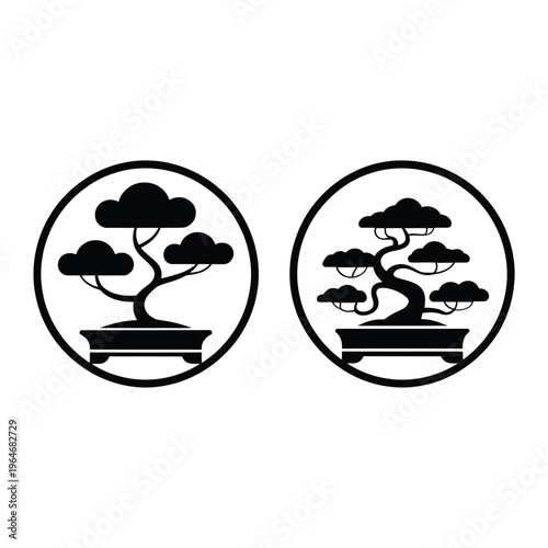 Two black silhouette bonsai trees in circular frames minimalist design