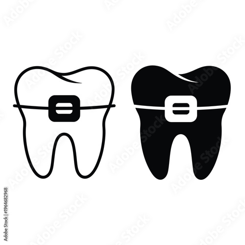 Two tooth icons featuring metal braces one white and one black