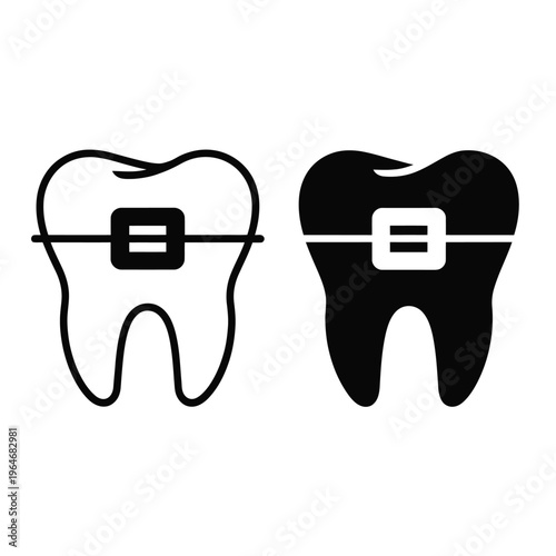 Two tooth icons depicting orthodontic braces one light and one dark