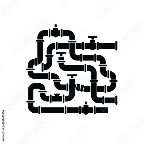Intricate network of black pipes and valves against a white background