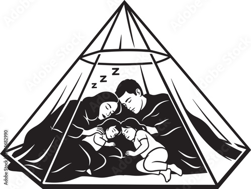 Family sleeping peacefully in mosquito net tent vector illustration, symbolizing protection from insects and safe rest.