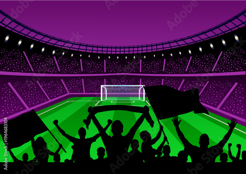 Football stadium with silhouettes of cheering fans holding flags and scarves, soccer arena background