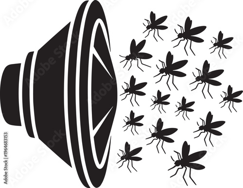 Loudspeaker emitting sound waves that repel mosquitoes vector illustration, symbolizing ultrasonic pest deterrent.
