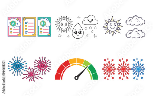 Colorful weather and gauge with virus particles weather sun cloud raindrop