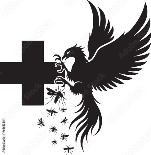 Silhouette of phoenix attacking mosquitoes with cross and medical symbol in background vector illustration.