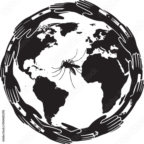 Hands of people forming circle around earth globe with mosquito illustration vector art.