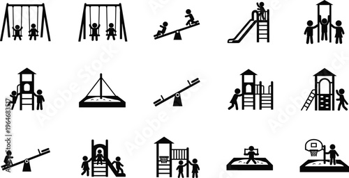 A collection of black and white playground icons depicts various equipment and children enjoying recreational activities outdoors high quality professional detailed modern elegant