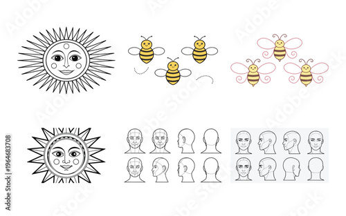 Black and white sun faces with bees and human profiles