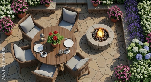 Outdoor patio with circular wooden table wicker chairs fire pit and colorful flower garden landscaping design