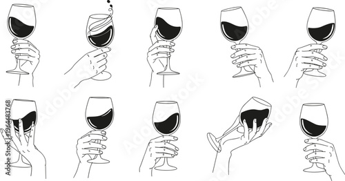 A minimalist line art depiction showcases multiple hands elegantly holding filled wine glasses creating a celebratory and artistic composition high quality professional detailed