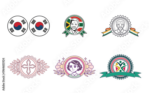 Colorful badges and seals with portraits and symbols on white background