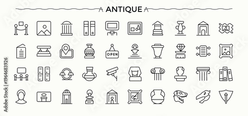 Antiques icon set. Thin outline icons pack. Heritage icon set. Related to antiquity, art, heritage, historical, old, archaeology and more.