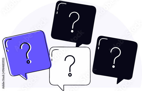 Four speech bubbles with question marks illustrating uncertainty or inquiry.