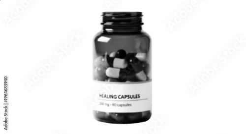 Halftone medicine bottle capsules vector illustration healthcare pharmaceutical supplement concept