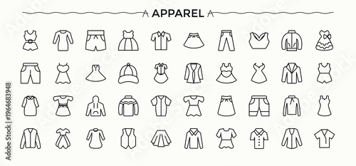 Apparel icon set. Dress vector icon set. Containing dress, clothes, cloth, outfit, outerwear, suit and more. Vector illustration. Pixel perfect.