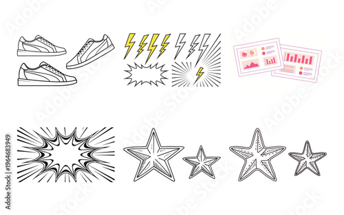 Comic book style of sneakers lightning bolts explosion stars shoes explosions